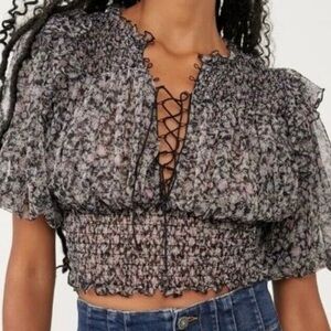 FREE PEOPLE  Beatrice Lace-Up Floral Sheer Smocked Puff Sleeve Blouse XL